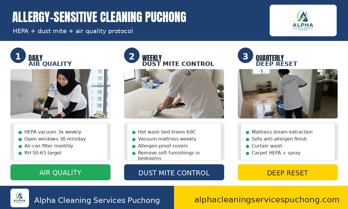 Allergy-sensitive cleaning schedule for Puchong homes — HEPA and dust mite protocol infographic