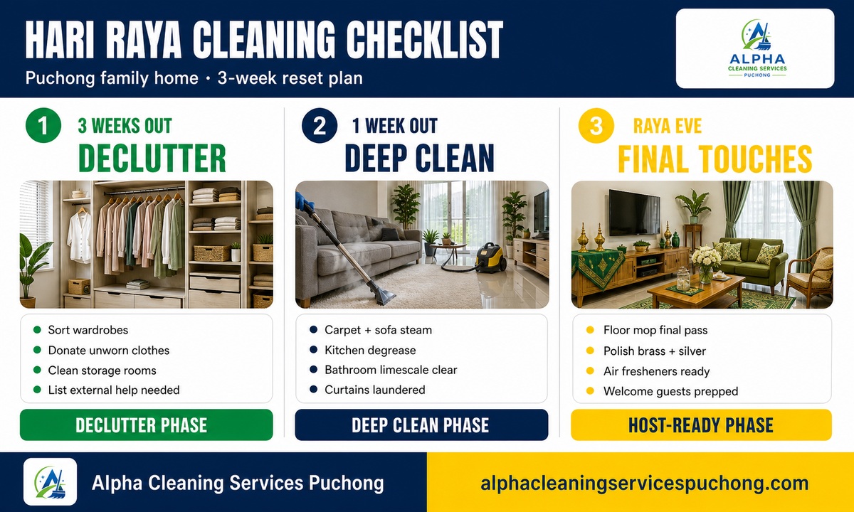 Hari Raya 3-week cleaning countdown for Puchong homes — Alpha Cleaning infographic