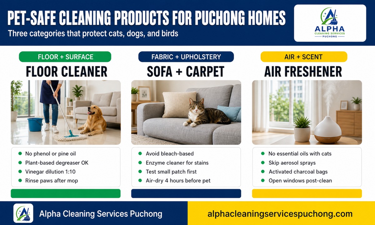Pet-safe vs dangerous cleaning products — Puchong guide infographic