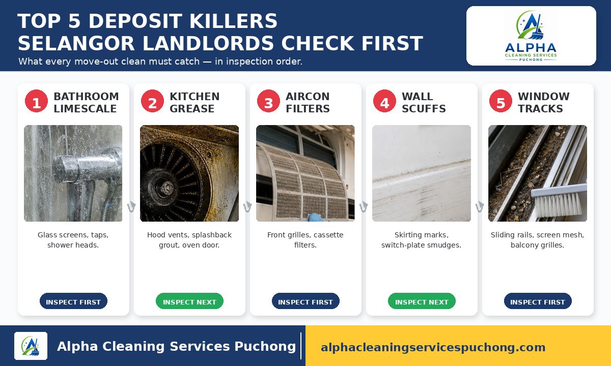 Top 5 deposit-killer items Selangor landlords inspect first — bathroom limescale, kitchen grease, aircon filters, wall scuffs, window tracks