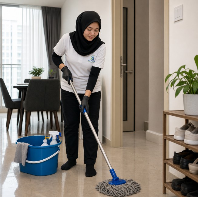 Alpha cleaner mopping a Puchong condo living room
