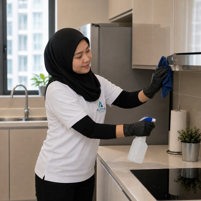 Alpha cleaner wiping kitchen extractor hood in a Puchong condo
