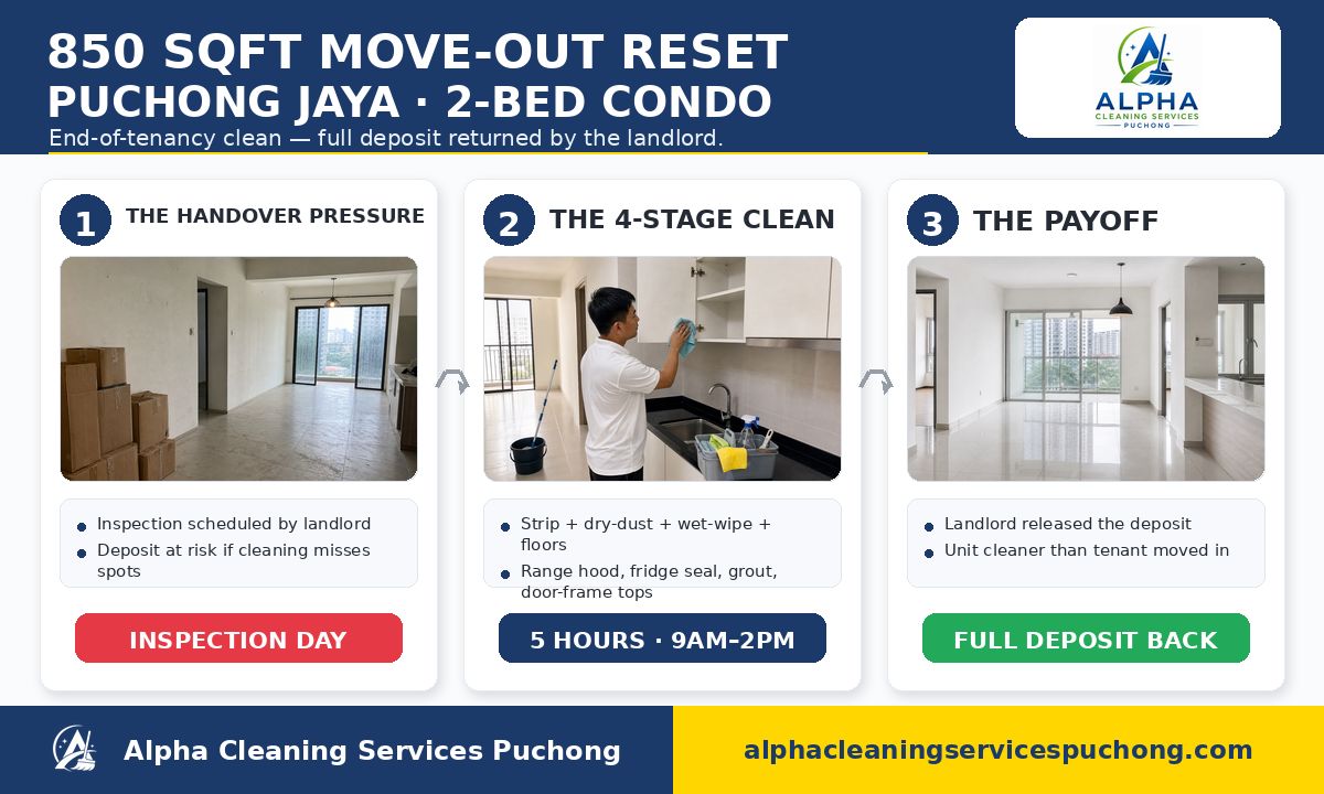 Project snapshot — 850 sqft Puchong Jaya move-out clean, 5 hours, full deposit returned by landlord