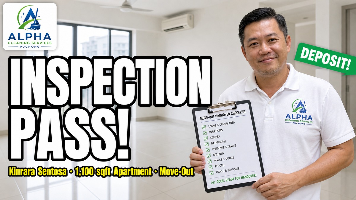 Alpha team completing move-out inspection clean in a Kinrara Sentosa 3-bedroom apartment — limescale shower glass, range hood, cabinet fronts