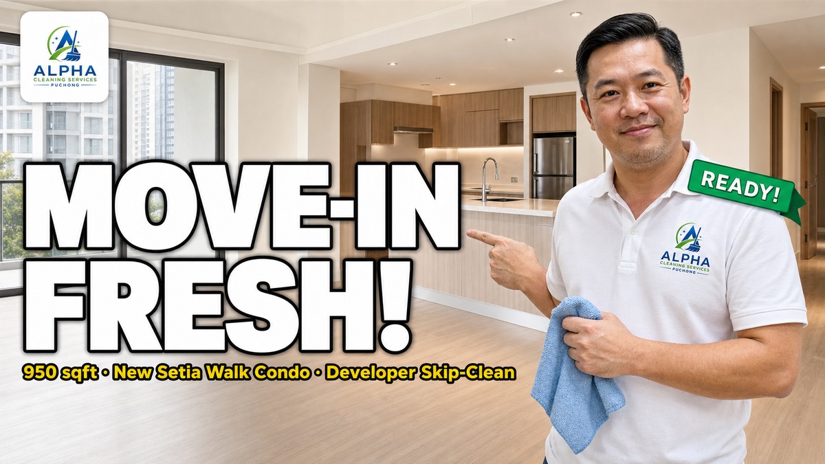 Alpha cleaner removing cement haze residue from new porcelain tile in a brand-new Setia Walk Puchong condo
