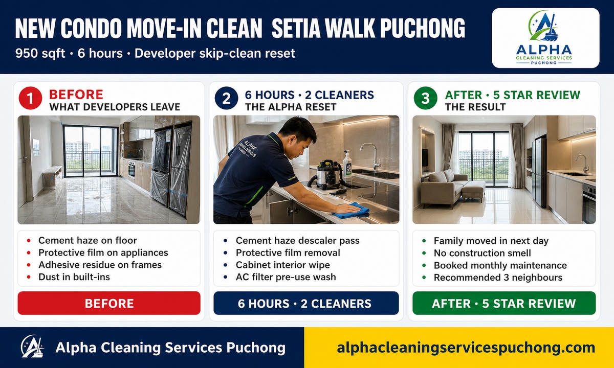 Setia Walk Puchong new condo move-in clean snapshot — 6 hours, 2 cleaners, cement haze removal, protective films, AC pre-use