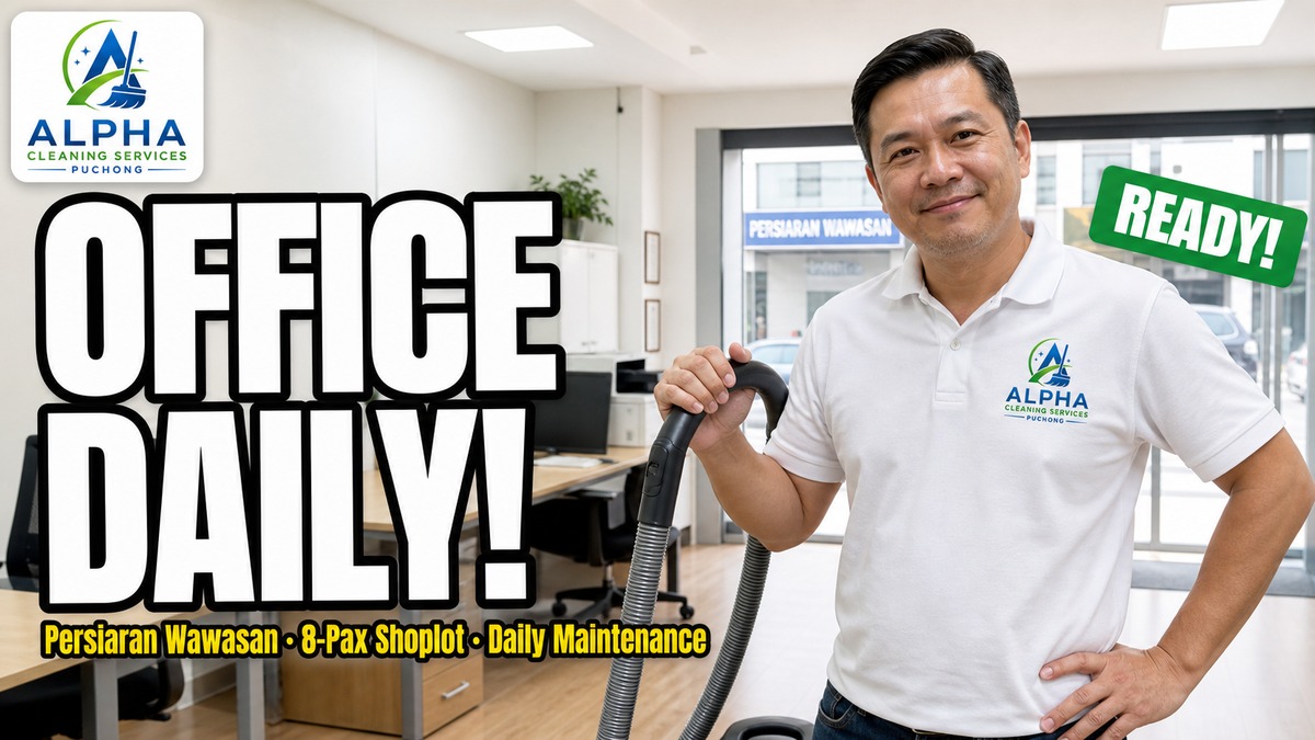 Alpha cleaner Hafiz doing daily morning maintenance at an 8-pax SME shoplot office on Persiaran Wawasan Puchong