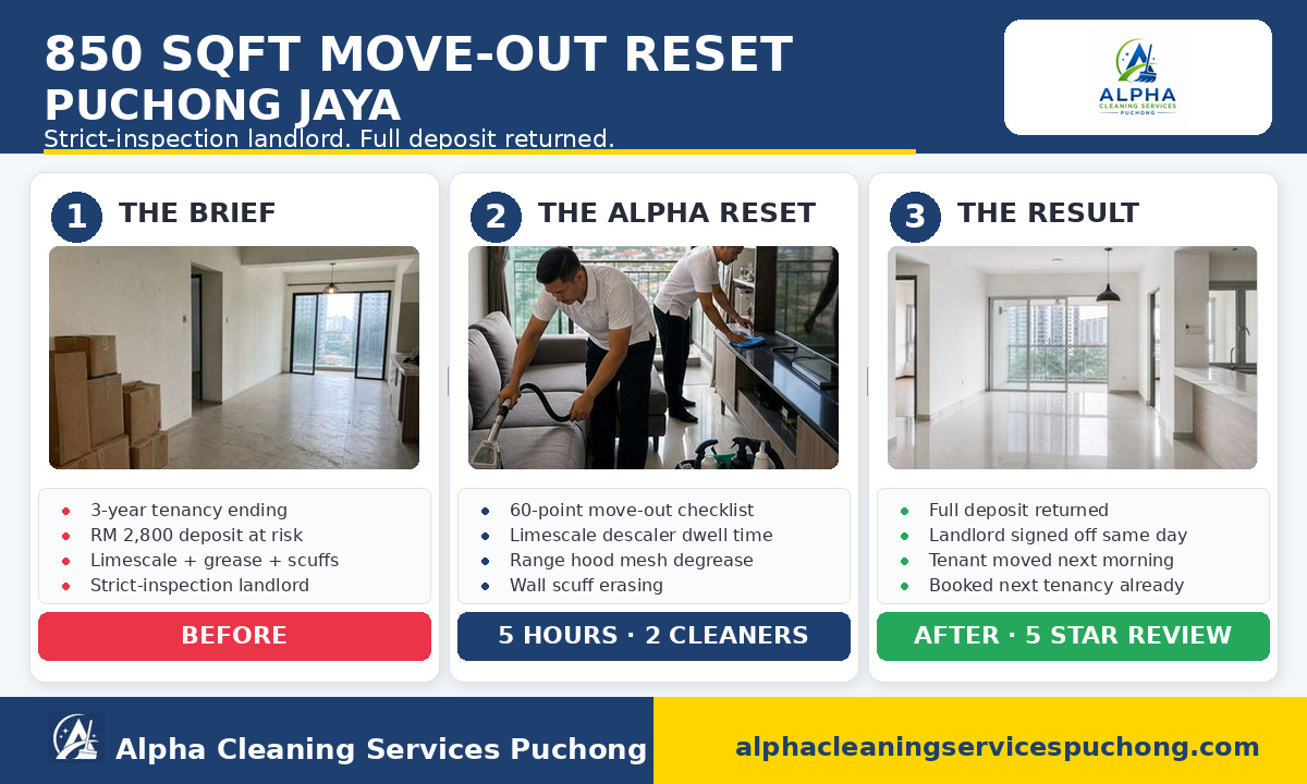 Puchong Jaya 850 sqft service apartment move-out reset — project snapshot infographic
