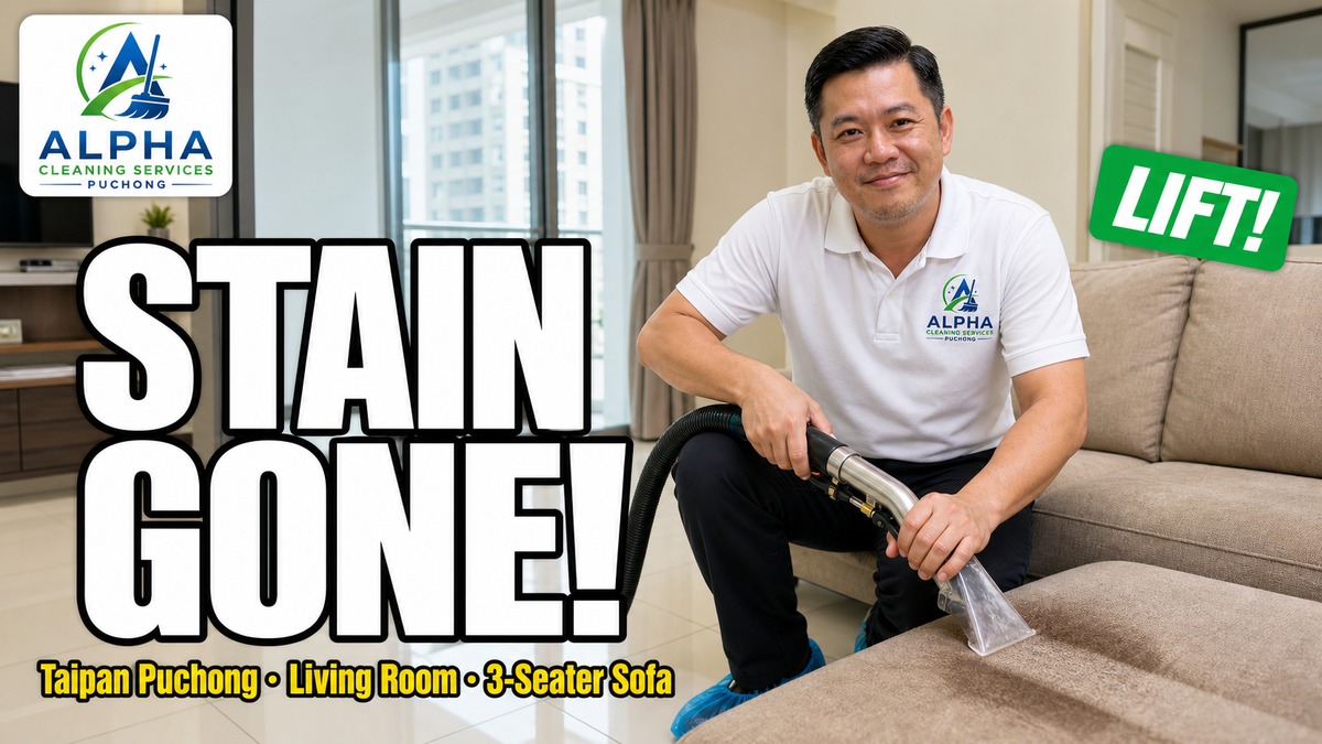 Alpha upholstery specialist steam-extracting stains from a 3-seater fabric sofa in a Taipan Puchong terrace living room