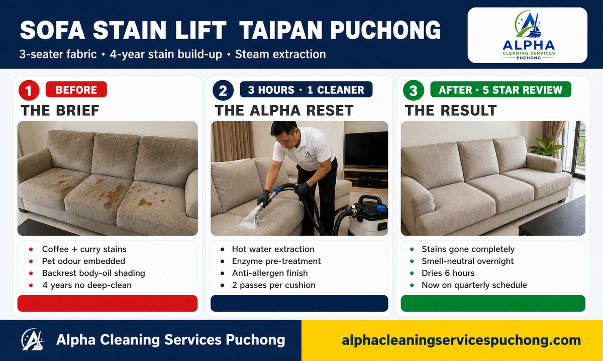Taipan Puchong sofa stain lift — enzyme pre-treatment + hot-water extraction process snapshot