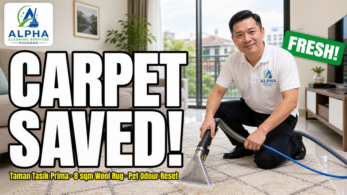 Mei Ling treating an 8 sqm wool rug in Taman Tasik Prima with enzyme pre-treatment and hot-water extraction